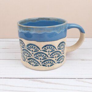 Stoneware Coffee Mug Cup 18 oz Blue Damask Shell